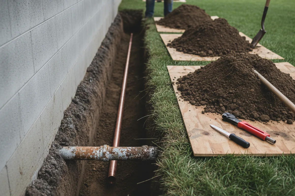 Excavated water line trench during Water Heater Repair in East Helena